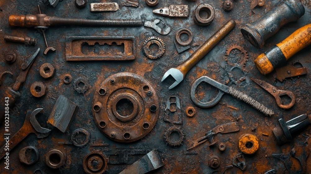 Rusty Tools and Metal Parts Arranged on a Weathered Surface Rusty Tools and Metal Parts Arranged on a Weathered Surface