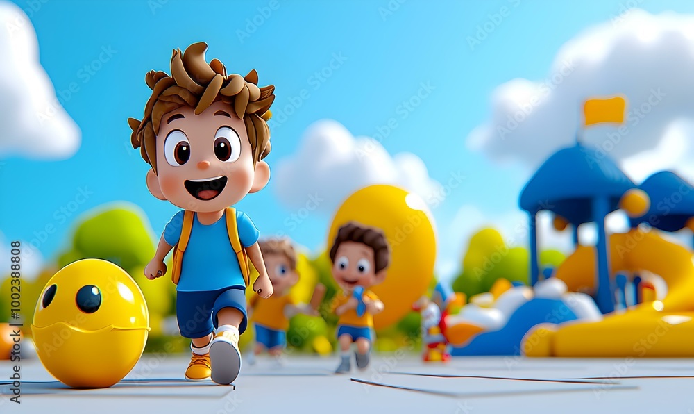 Obraz premium Joyful children enjoying a sunny day at the park, laughter fills the air, colorful playground equipment, vibrant trees, carefree moments.