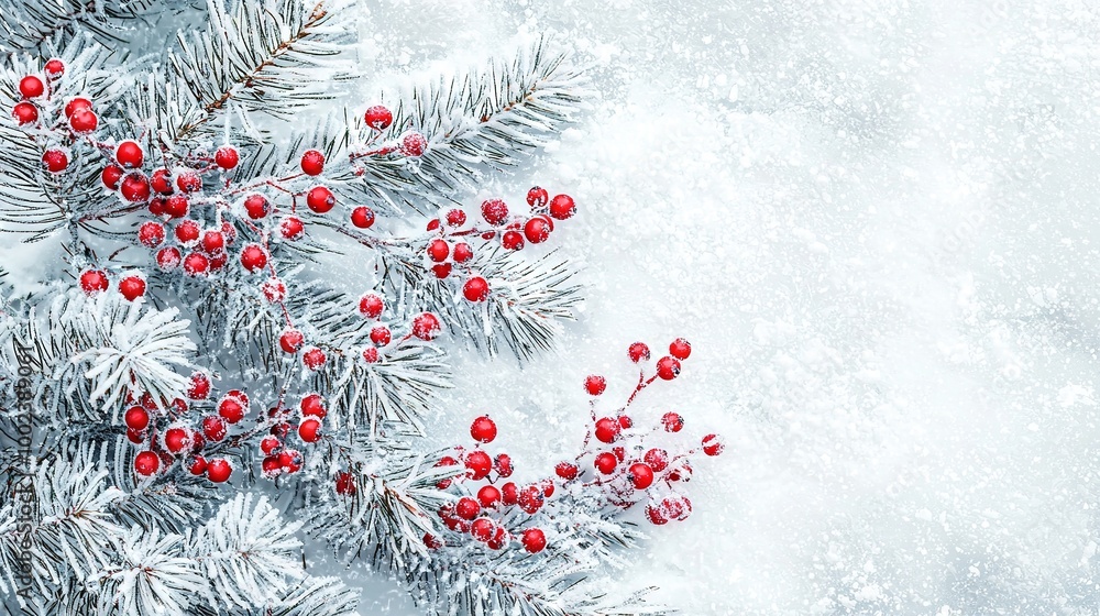 Christmas tree branch adorned with red berries and snowflakes against a white background, showcasing snowflakes on the branches Christmas tree branch adorned with red berries and snowflakes against a white background, showcasing snowflakes on the branches