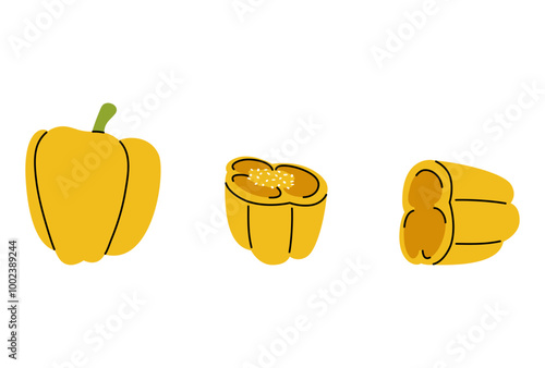 Vector graphic of yellow bell pepper with full, cut, and halved designs