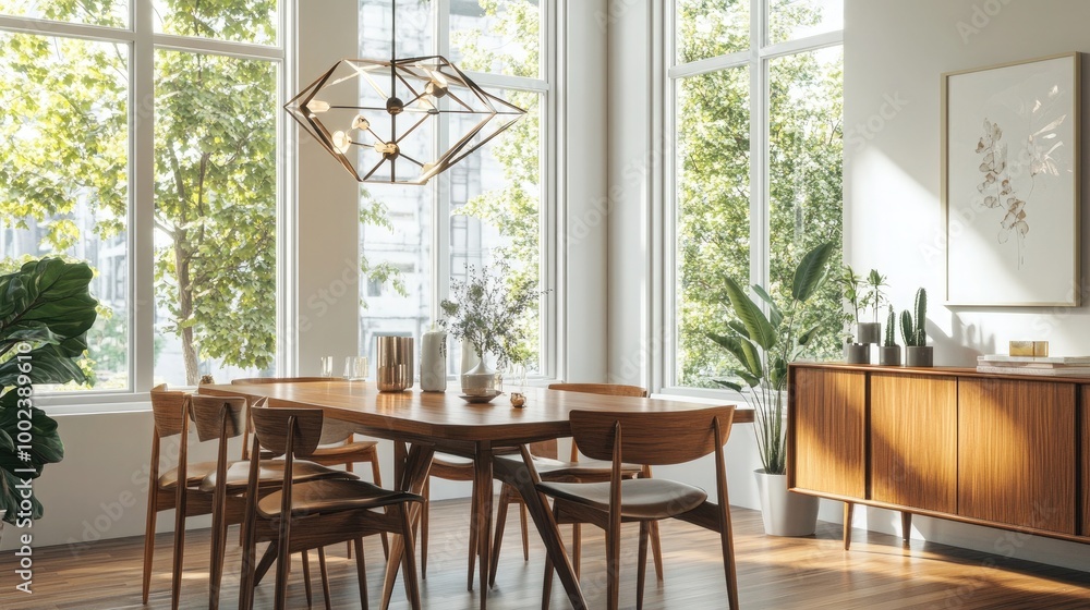 Fototapeta premium A sophisticated dining room featuring a mid-century modern table with sleek wooden chairs