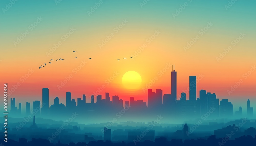 Fototapeta premium A minimalistic illustration of the skyline of a city during a sunrise