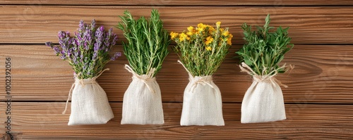 Four bundles of fresh herbs—lavender, thyme, yellow blooms, and rosemary—artfully arranged on a rustic wooden surface. photo