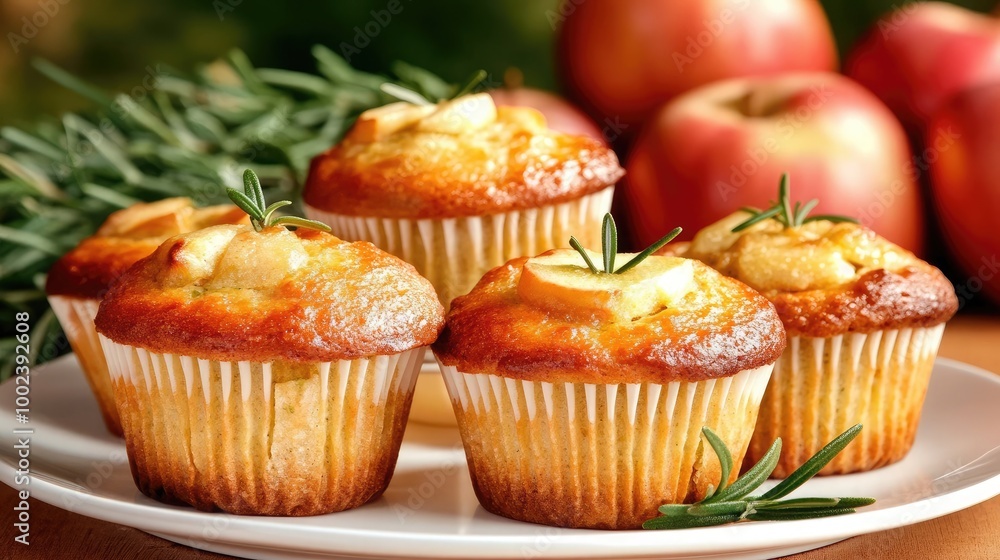 Fluffy zucchini muffins infused with apples and rosemary are elegantly arranged on a white plate, complemented by vibrant roses and greenery in the background Fluffy zucchini muffins infused with apples and rosemary are elegantly arranged on a white plate, complemented by vibrant roses and greenery in the background