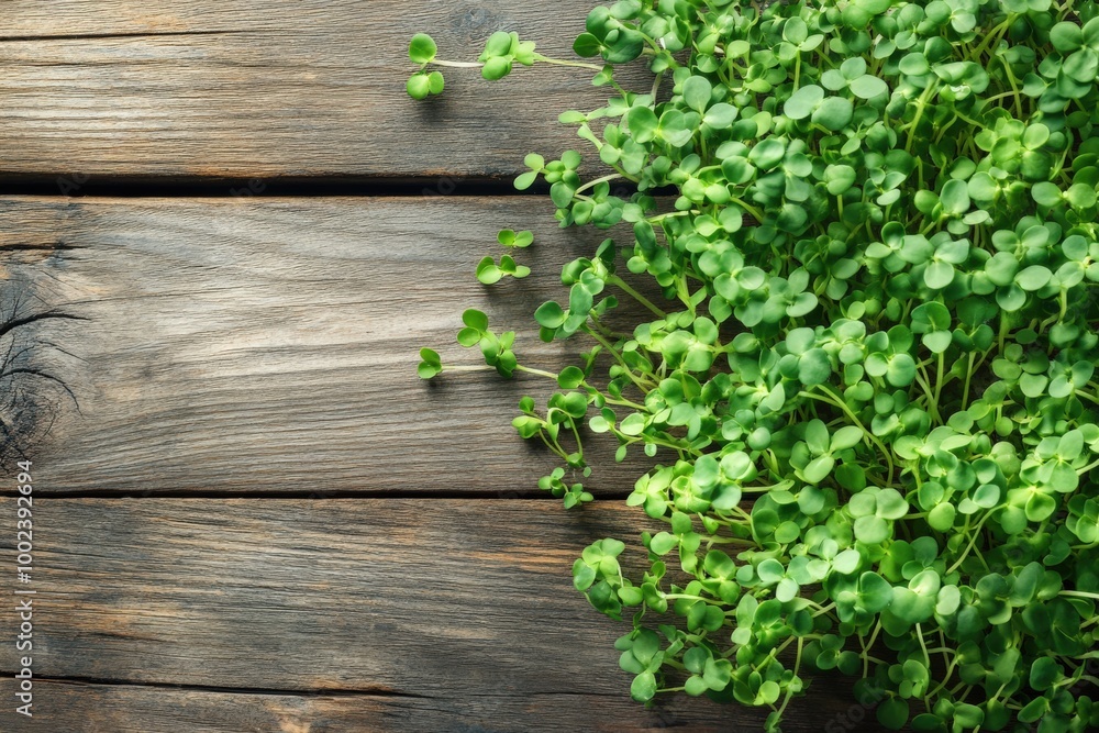 Microgreen Growing Concept. Biodegradable Sprouts on Wooden Table, Top View Microgreen Growing Concept. Biodegradable Sprouts on Wooden Table, Top View