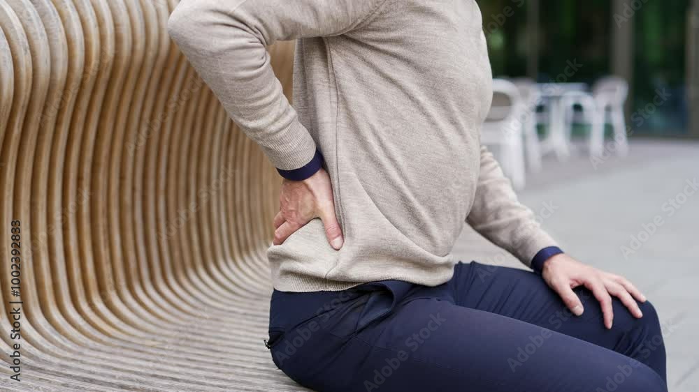 Close up. Male hand holding massaging lower back. Man suffering from back pain sitting on a bench on the street near a business office building. Businessman massages painful muscles, sick spine Close up. Male hand holding massaging lower back. Man suffering from back pain sitting on a bench on the street near a business office building. Businessman massages painful muscles, sick spine