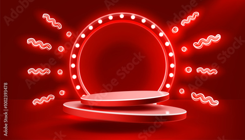 Show light, Stage Podium Scene with for Award Ceremony on red Background. Vector illustration