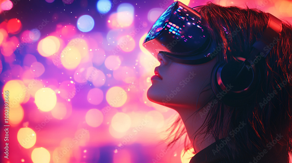 A young woman wearing VR goggles, surrounded by abstract neon lights in a low-light environment. The image captures the essence of virtual immersion, futuristic technology, and digital interactivity A young woman wearing VR goggles, surrounded by abstract neon lights in a low-light environment. The image captures the essence of virtual immersion, futuristic technology, and digital interactivity