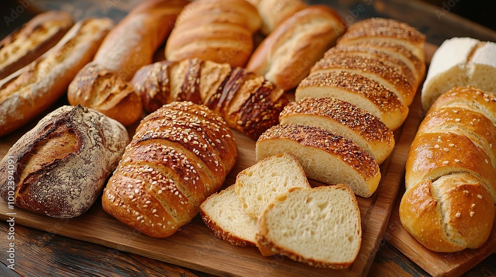 A wooden cutting board with multiple layers of loaves of bread A wooden cutting board with multiple layers of loaves of bread