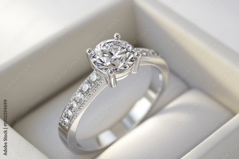 Platinum Diamond ring in box on white background, close-up, 3d render. with generative ai Platinum Diamond ring in box on white background, close-up, 3d render. with generative ai