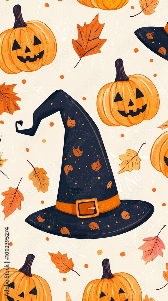 Fototapeta premium A Halloween themed design featuring a black hat with a pumpkin on top
