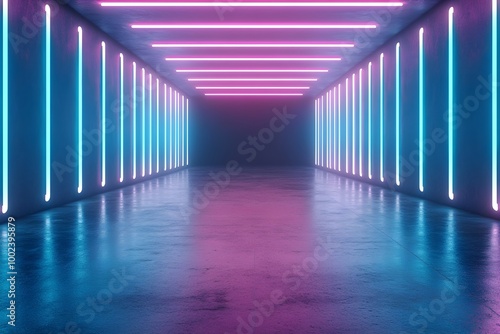 Fototapeta Naklejka Na Ścianę i Meble -  Futuristic neon infused corridor with vibrant lighting geometric shapes and a blank call to action space at the bottom   perfect for technology design or futuristic themed commercial imagery