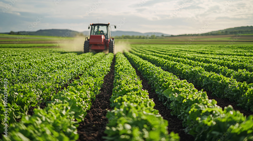 Autonomous harvester in a modern agricultural field, using AI and IoT technology for precision farming. The robot is harvesting lettuce, showcasing the future of automated farming and smart machinery Autonomous harvester in a modern agricultural field, using AI and IoT technology for precision farming. The robot is harvesting lettuce, showcasing the future of automated farming and smart machinery
