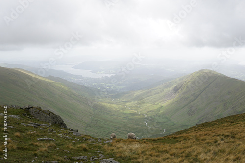 Valley view from mountain in Lake District Cumbria photo