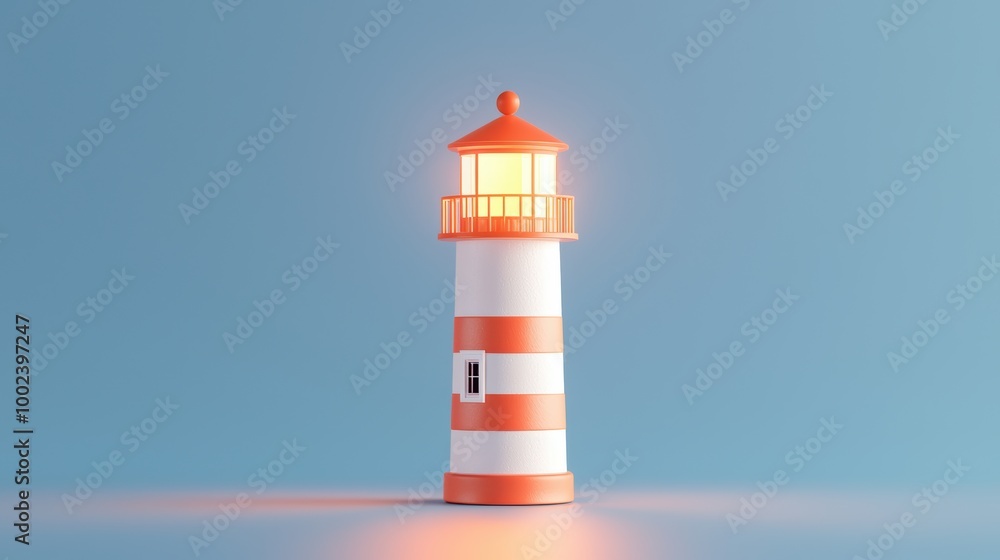 Cute 3D lighthouse with a bright beacon in a minimal and isolated setting featuring red and white stripes for a digital icon illustration Cute 3D lighthouse with a bright beacon in a minimal and isolated setting featuring red and white stripes for a digital icon illustration