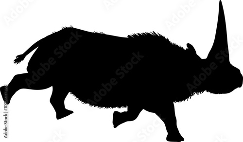 Abstract elasmotherium rhinoceros, black silhouette of extinct mammal animal. Elasmotherium rhino dinosaurs Jurassic period animal.