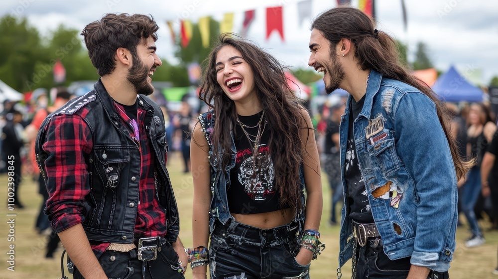 Three people are smiling and laughing together at a festival Three people are smiling and laughing together at a festival