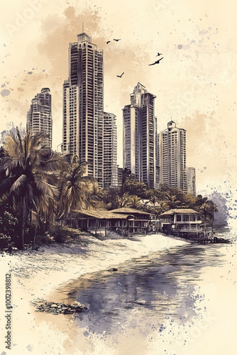 Chitre, Panama, color pen pencil hand-drawn effect drawing illustration for travel poster, card, wallpaper, backdrop or banner. Modern, clear, artistic and simple photo