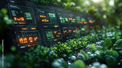 Digital Gardening: Modern Agriculture with Holographic Tech in Lush Green Environment