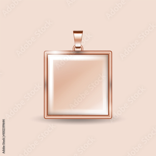 Rosegold square locket pendant with clear glass dome mockup. Pink gold square necklace resin pendant. Rose gold glass square ornament. Realistic illustration.