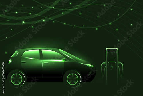 Green glow electric car silhouette, charging on the station. Green neon glowing EV vehicle filling up a battery. Modern hybrid car.