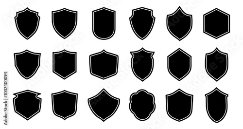 Police badge silhouette shape black icons set. Shields labels for the police military sport tag. Security safety protection symbol shape. Black and white simple flat style. Isolated vector on white