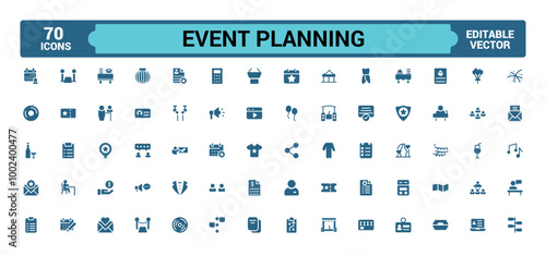 Event planning icons collection. Related to decorations, venue, glyph icon for web and ui. Filled icons pack, Solid icon set. Vector illustration.