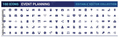 Event planning icons collection. Related to decorations, venue, glyph icon for web and ui. Filled icons pack, Solid icon set. Vector illustration.