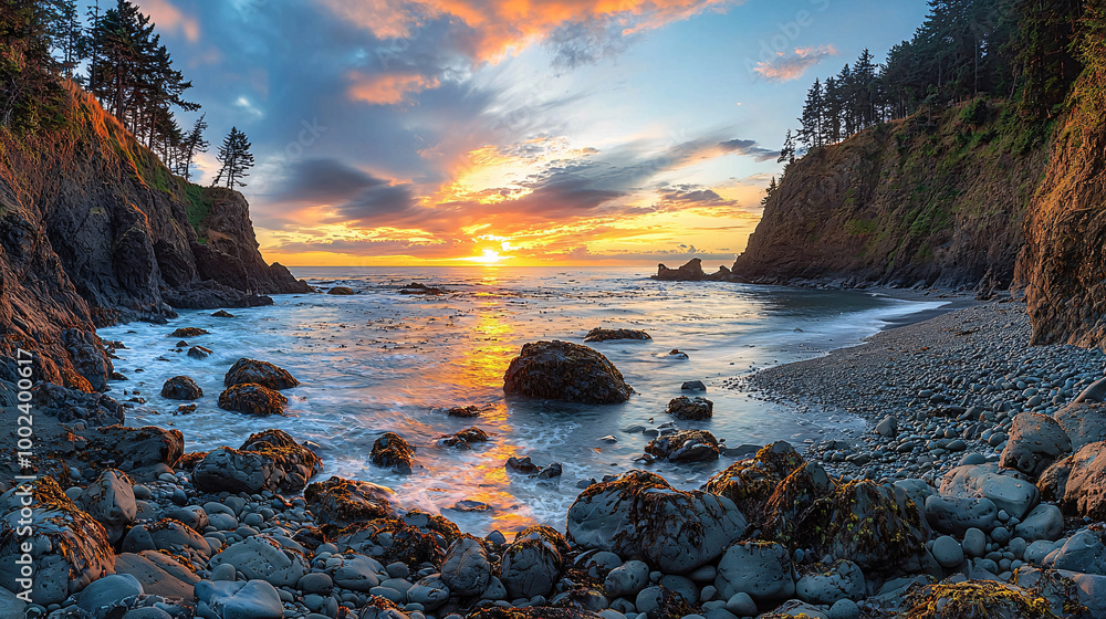 Low-angle view of a pebble-strewn coast in Olympic National Park, showcasing the rugged beauty of the Pacific shoreline at sunset Low-angle view of a pebble-strewn coast in Olympic National Park, showcasing the rugged beauty of the Pacific shoreline at sunset