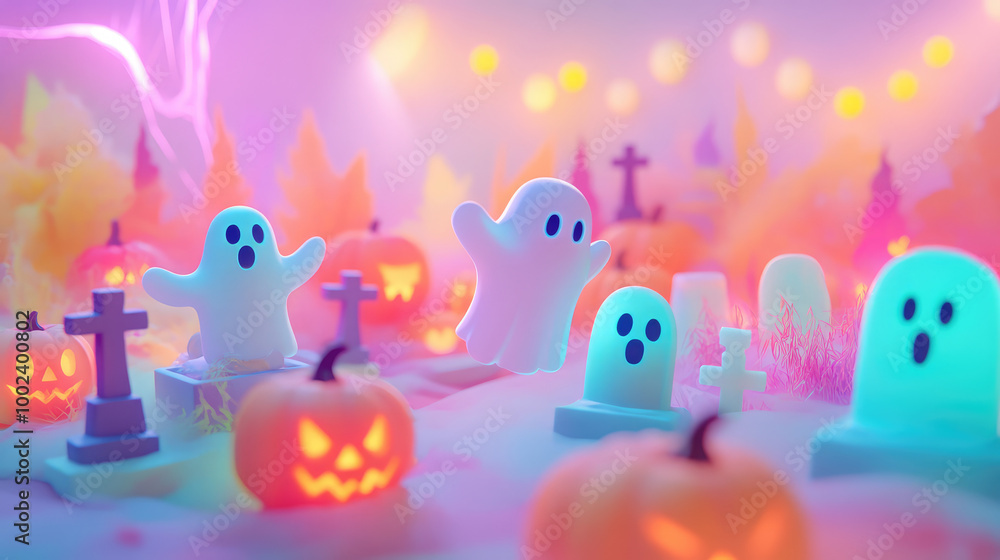 Playful 3D ghosts in bright pastel colors float around cute, decorated graves, creating a whimsical Halloween atmosphere, surrounded by light decorations on a soft background. Playful 3D ghosts in bright pastel colors float around cute, decorated graves, creating a whimsical Halloween atmosphere, surrounded by light decorations on a soft background.