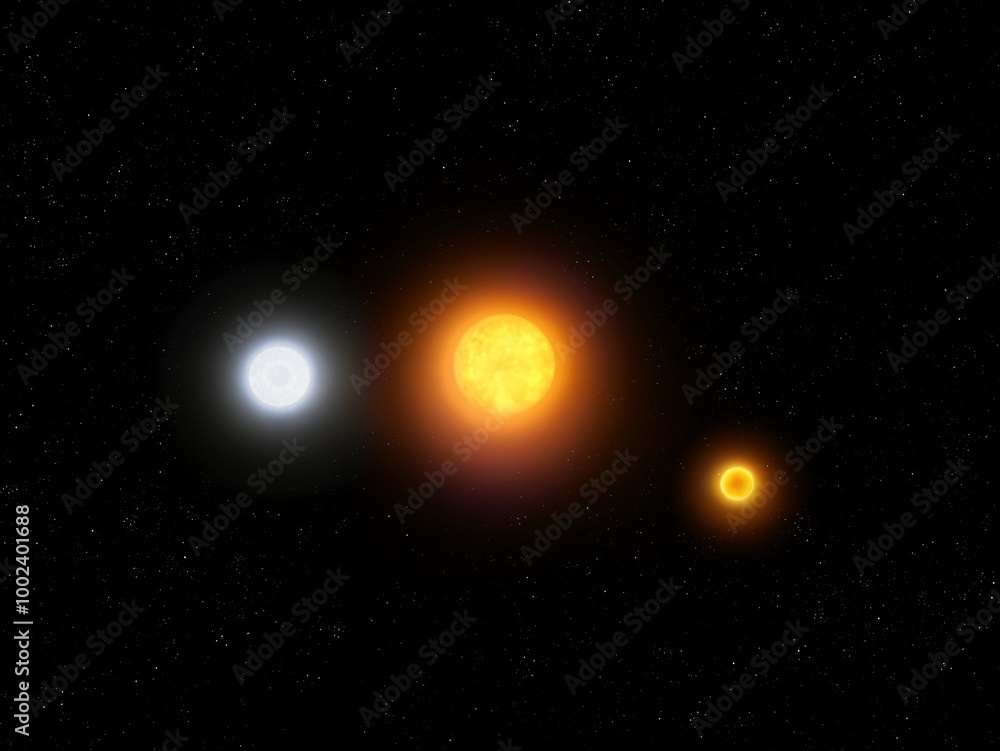 Triple star system in space isolated. Stars rotate around a common center of mass. Triple star system in space isolated. Stars rotate around a common center of mass.