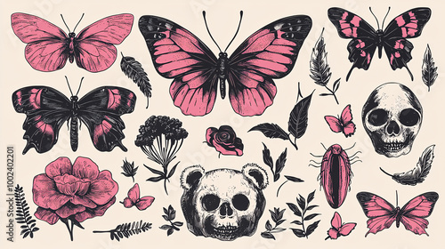 Stylish sticker set with a goth and vintage influence, including isolated pink butterflies, 00s glam elements, and playful teddy bear art photo