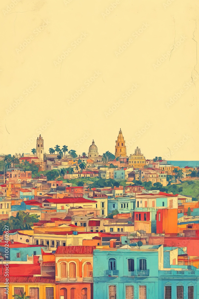 Obraz premium Cienfuegos, Cuba, color pen pencil hand-drawn effect drawing illustration for travel poster, card, wallpaper, backdrop or banner. Modern, clear, artistic and simple