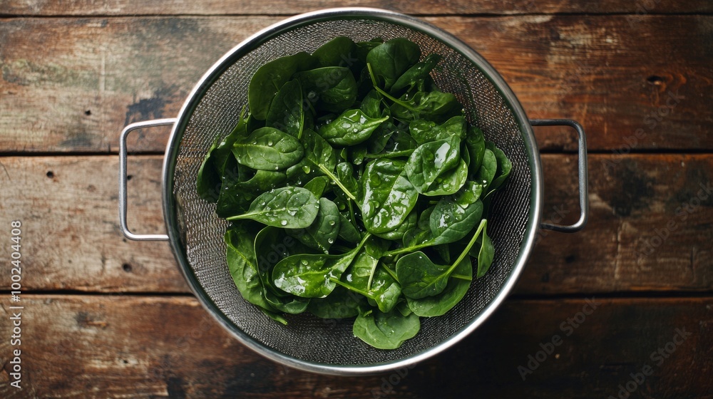 Raw Fresh Spinach with Water Drops in Colander - Top View on Rustic Wooden Table Raw Fresh Spinach with Water Drops in Colander - Top View on Rustic Wooden Table