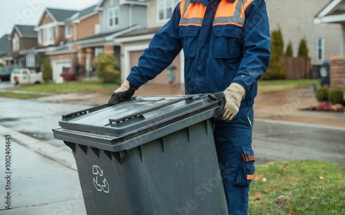 Worker collect garbage bins with Garbage collection truck photo