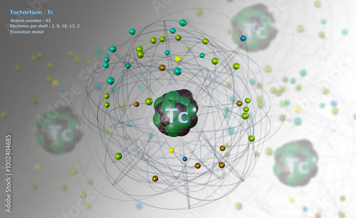 Fotografie Atom of Technetium with detailed Core and its 43 Electrons on white with Atoms i