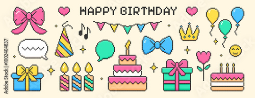 Pixel art happy birthday element set. Y2k trendy pixelated stickers of cake with candles, bowknot, gift boxes with ribbons for presents in 8bit retro style. Party bunting flags, bday icons celebration