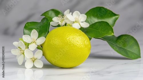 A vibrant green lemon accompanied by delicate white flowers and leaves rests on a polished marble surface, enveloped by a soft, ethereal smoke haze in the background