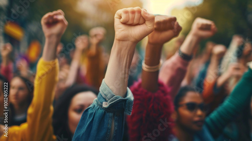 A powerful scene of people raising fists together in solidarity, expressing support for equality and justice. AI generative