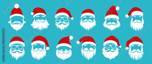 Santa head with hat and barb set. Santa wearing Claus red hat with glasses and moustache. Holiday party mask winter clothes. Simple flat style isolated vector clipart collection on blue background