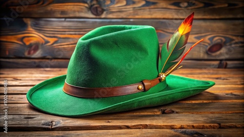 On a weathered wooden table, a classic green Robin Hood hat awaits, ready to summon tales of medieval heroism and whimsical fantasy quests. photo