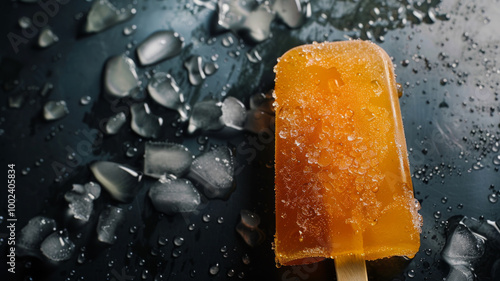 A colorful and cool orange ice cream pop stands out against a frosty background, offering a tasty, citrus-flavored treat. AI generative photo