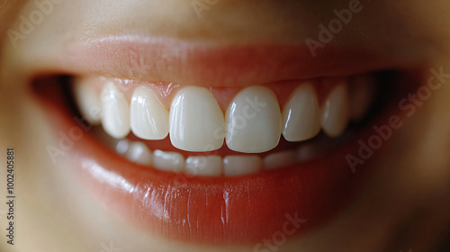 Bright female smile. Girl lips with open mouth with perfect teeth. Dental care and whitening healthy procedure. orthodontic treatment with teeth straightening Dentistry banner with copy space