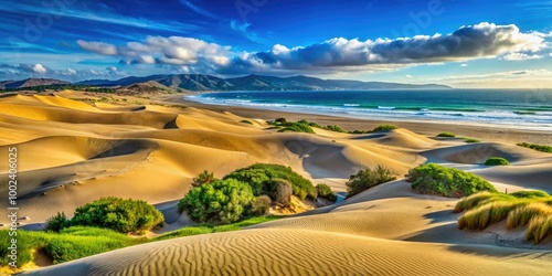 Fototapeta Naklejka Na Ścianę i Meble -  Pismo Beach's stunning sand dunes, bathed in clear blue skies, create a vibrant coastal landscape that enchants visitors and celebrates California's natural beauty.