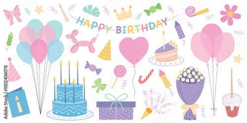 Birthday decorative elements flat vector set. Balloons, Happy Birthday garland, cake with candles, gift box.