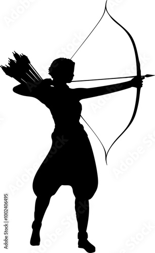 Woman warrior with arrows and bow, archer in action pose silhouette illustration. Armored female character, medieval knight with bow and arrow.