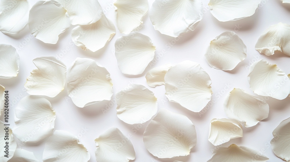 A cluster of white flowers resting atop a pure surface, surrounded by petals, featuring one central blossom A cluster of white flowers resting atop a pure surface, surrounded by petals, featuring one central blossom