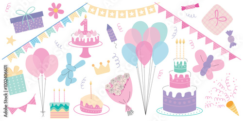 Set of different festive elements for Happy birthday party. Vector flat birthday elements collection.