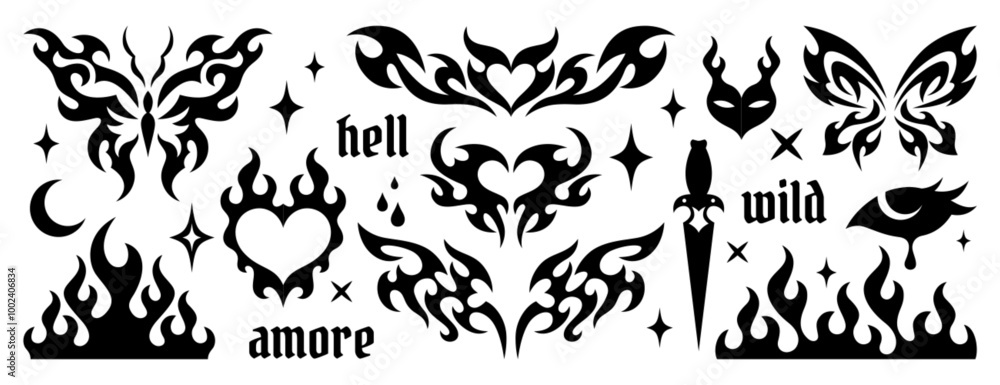 Y2k gothic tattoo sticker set. Neo tribal ornaments, trendy emo hand drawn butterfly, fire flame, burning heart, graffiti lettering. Neotribal black goth aesthetic icons, cyber sigilism design element Y2k gothic tattoo sticker set. Neo tribal ornaments, trendy emo hand drawn butterfly, fire flame, burning heart, graffiti lettering. Neotribal black goth aesthetic icons, cyber sigilism design element