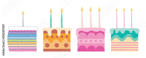 Set of various birthday slices of cakes with candles. Rainbow cake and chocolate slice of cake